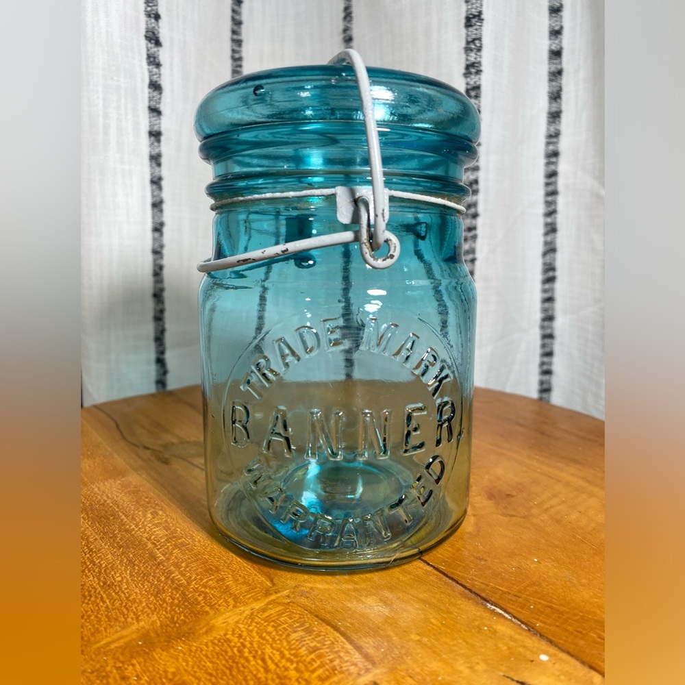 Antique Banner Trade-Mark Wide Mouth Bail Wire Mason Jar Blue Rare 20oz